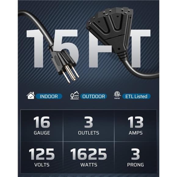 DEWENWILS Extension Cord Multiple Outlet Weatherproofs, 15 FT Pack of 2, Black - Picture 2 of 6